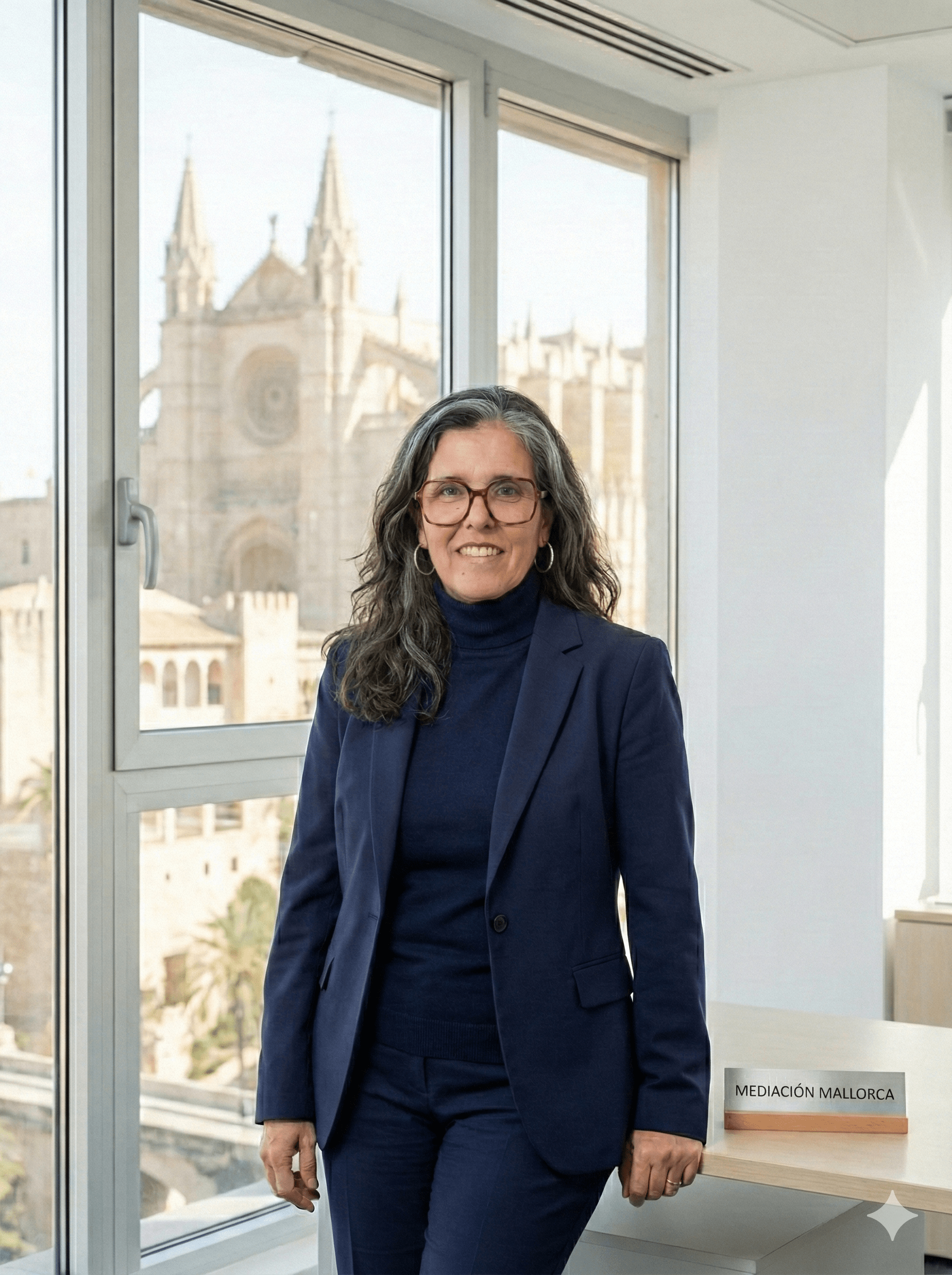 María José Bonilla Garriga, mediadora familiar en Mallorca, con la Catedral de Palma de fondo. Especialista en mediación y divorcio consciente.