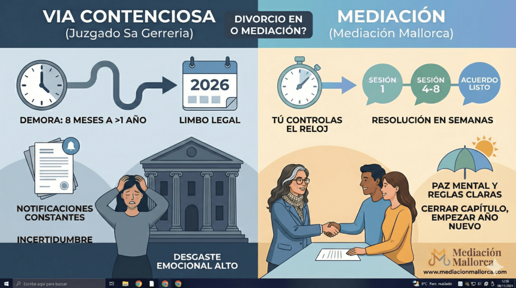 Infografía comparativa entre divorcio contencioso y mediación familiar. A la izquierda: Juzgados de Sa Gerreria con demoras de más de un año, incertidumbre y desgaste emocional. A la derecha: Mediación Mallorca con resolución en 4-8 sesiones, control del tiempo y paz mental para empezar el 2026.