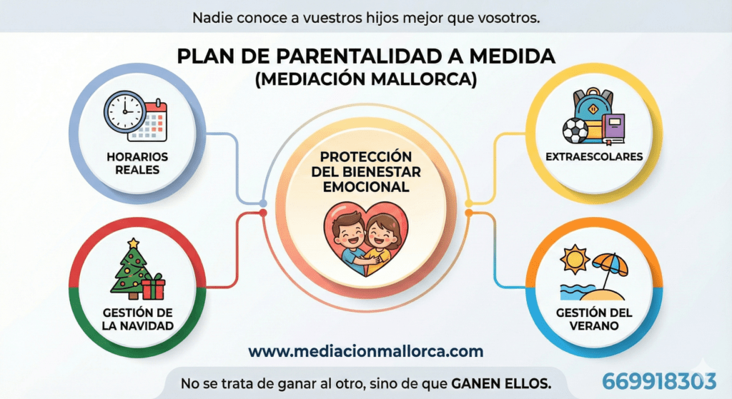 Infografía sobre el Plan de Parentalidad en Mediación Mallorca. Centro: Protección del bienestar emocional de los hijos. Círculos externos detallan: Horarios reales, actividades extraescolares, gestión de la Navidad y vacaciones de verano. Lema inferior: 'No se trata de ganar al otro, sino de que ganen ellos