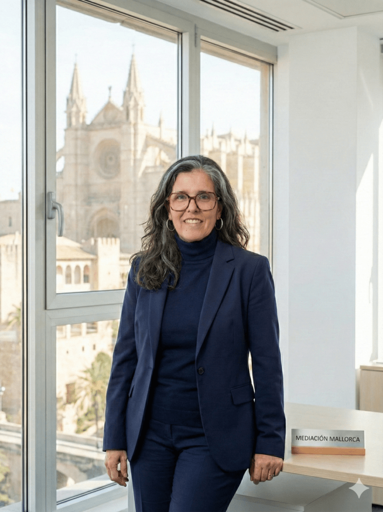 María José Bonilla Garriga, mediadora familiar en Mallorca, con la Catedral de Palma de fondo. Especialista en mediación y divorcio consciente.